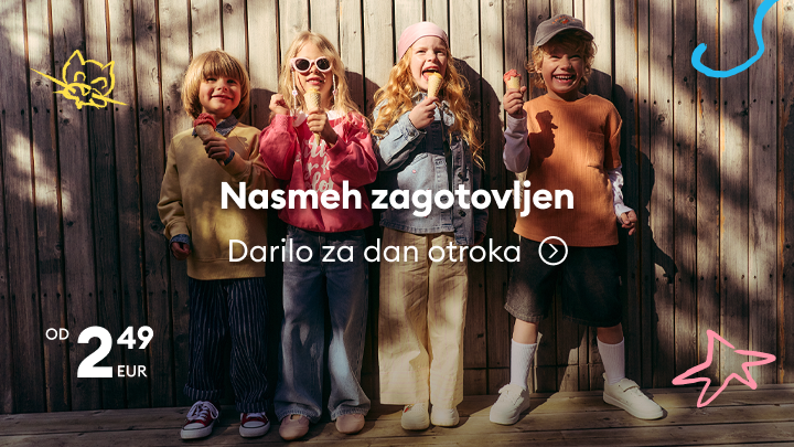 Promocija daril za dan otroka z obljubo zagotovljenega nasmeha, primerna za otroke različnih starosti, z ugodnimi cenami že od 2,49 EUR.