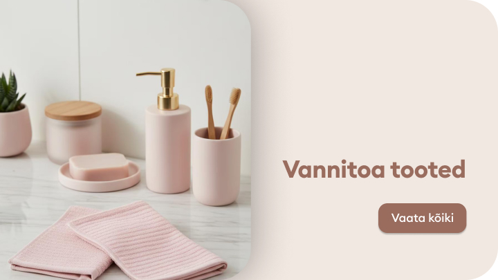 Vannitoa toodete komplekt, kus on seebidosaator, hambaharjapott, seebialus, rätikud ja dekoratiivne taim. Sobib stiilseks vannitoa sisustuseks. Kutsume avastama valikut, et leida sobivaimad tooted!
