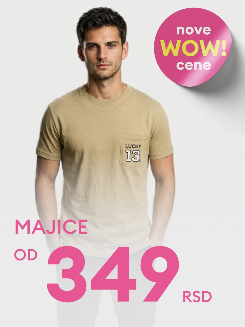 Promotivna poruka za muške majice, koja naglašava novu akcijsku ponudu i povoljne cene za kupce.