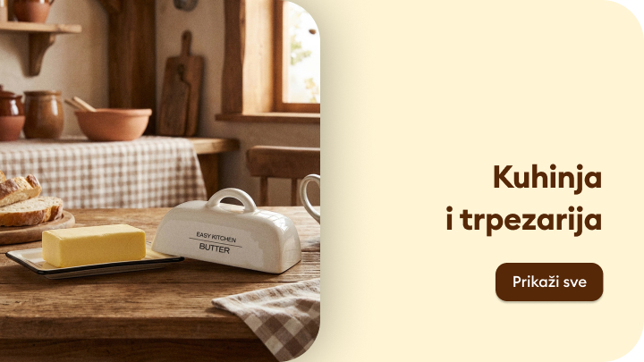 Rustična trpezarija sa drvenim stolom pokrivenim kariranom krpom. Na stolu se nalazi posuda za puter sa natpisom "Easy Kitchen Butter" i tanjir sa sečenim komadima hleba. U pozadini su prozor i detalji tople kuhinjske atmosfere. Tekst na desnoj strani glasi: "Kuhinja i trpezarija. Prikaži sve."