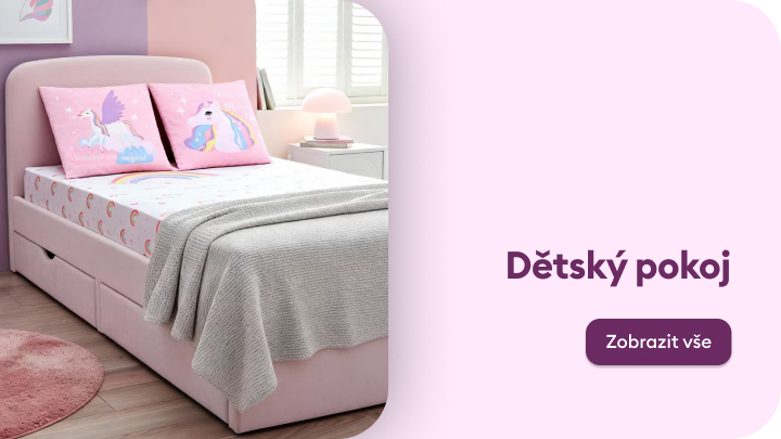 Ilustrace nabídky vybavení dětského pokoje, zaměřená na postel a doplňky pro děti, slouží k představení kategorie produktů.