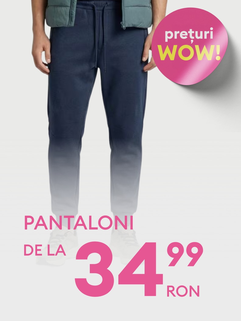 Anunț de ofertă pentru pantaloni, disponibili la preț promoțional de 34,99 RON.