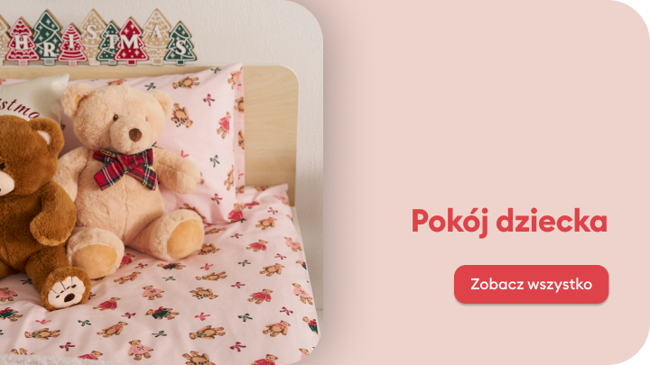 Łóżko w pokoju dziecięcym udekorowane pościelą z motywami świątecznymi, na którym siedzą dwa pluszowe misie. Obok widoczny napis „Pokój dziecka” i przycisk z tekstem „Zobacz wszystko”. Idealne miejsce dla najmłodszych, inspirowane świąteczną atmosferą.