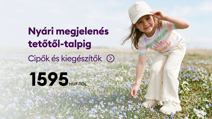Nyári teljes öltözethez kínált cipők és kiegészítők promóciója, kezdőár 1595 HUF, könnyed szabadtéri hangulattal a szezonális vásárlás ösztönzésére.