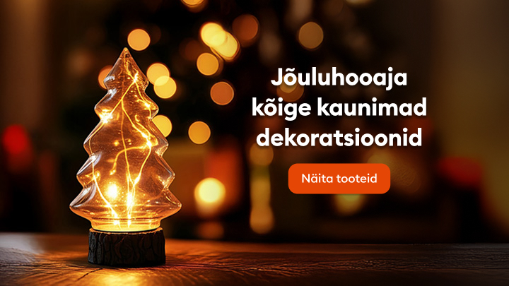 Jõulutuledega klaasist kuusekujuline dekoratsioon. Sõnum: "Jõuluhooaja kõige kaunimad dekoratsioonid". Nupp kutsub üles tooteid avastama.