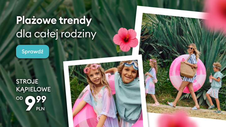 Promocja letnich trendów plażowych dla całej rodziny, prezentująca ofertę strojów kąpielowych i zachęcająca do zapoznania się z kolekcją.