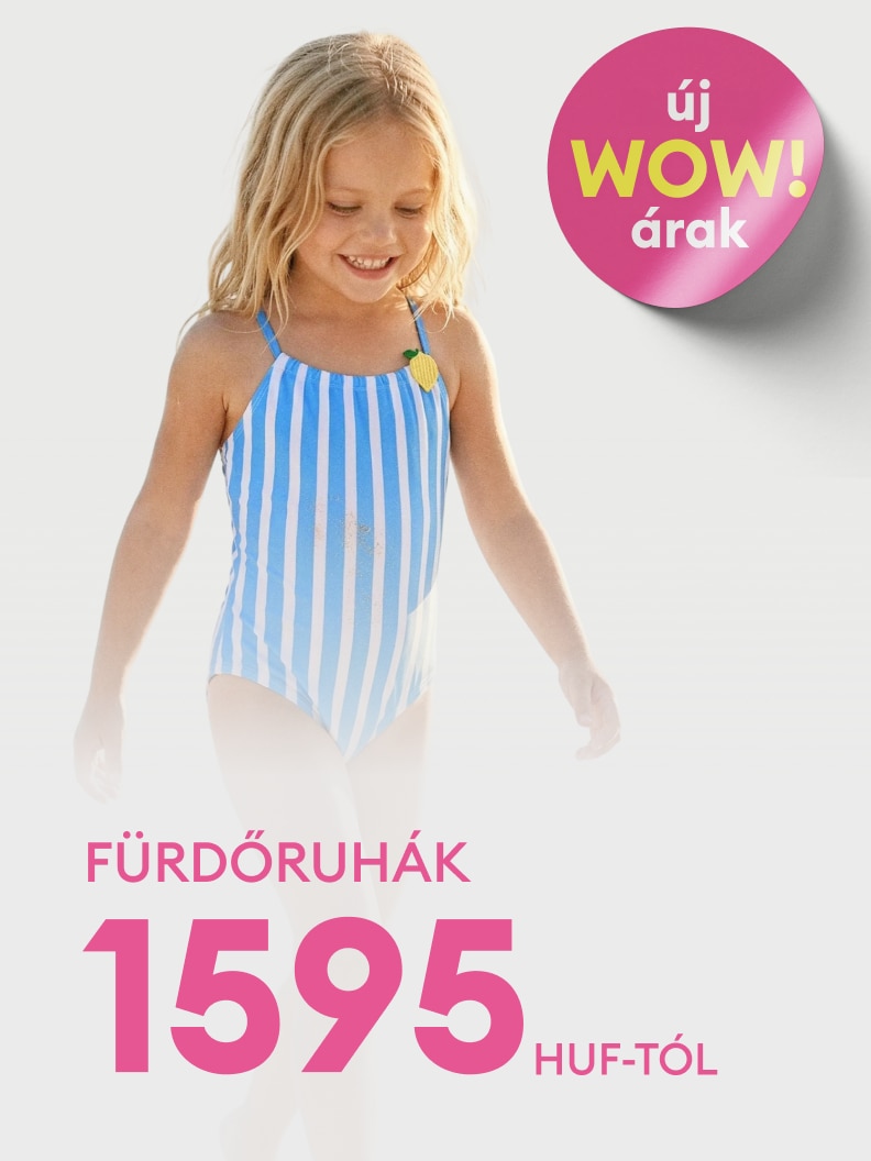 Gyermek fürdőruhák promóciója új, kedvező árakkal, a nyári kínálat bemutatására.
