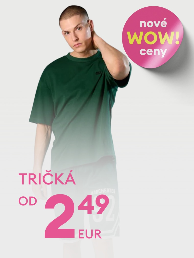 Propagačný vizuál informujúci o akcii na tričká s veľmi nízkou štartovacou cenou od 2,49 €, zameraný na nové výhodné ceny.