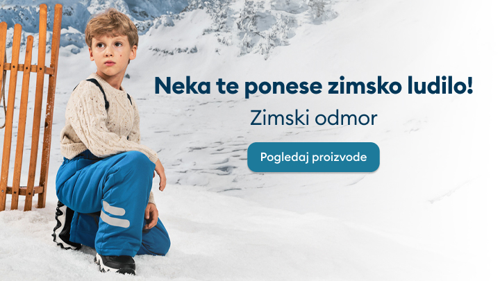 Neka te ponese zimsko ludilo! Natpis poziva na uživanje u zimskom odmoru i nudi opciju za pregled proizvoda. Prikazano drveno sanke i planinski pejzaž s puno snijega u pozadini naglašavaju zimsku atmosferu.