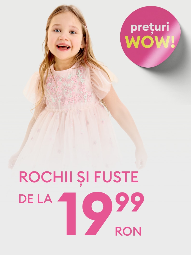 Promovare de vânzare pentru rochii și fuste pentru copii, evidențiind o ofertă specială cu prețuri reduse.