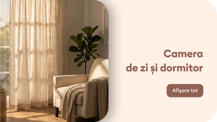 Promovare a categoriei de mobilier și decorațiuni pentru camera de zi și dormitor, sugerând un ambient confortabil pentru locuință și încurajând explorarea ofertei.