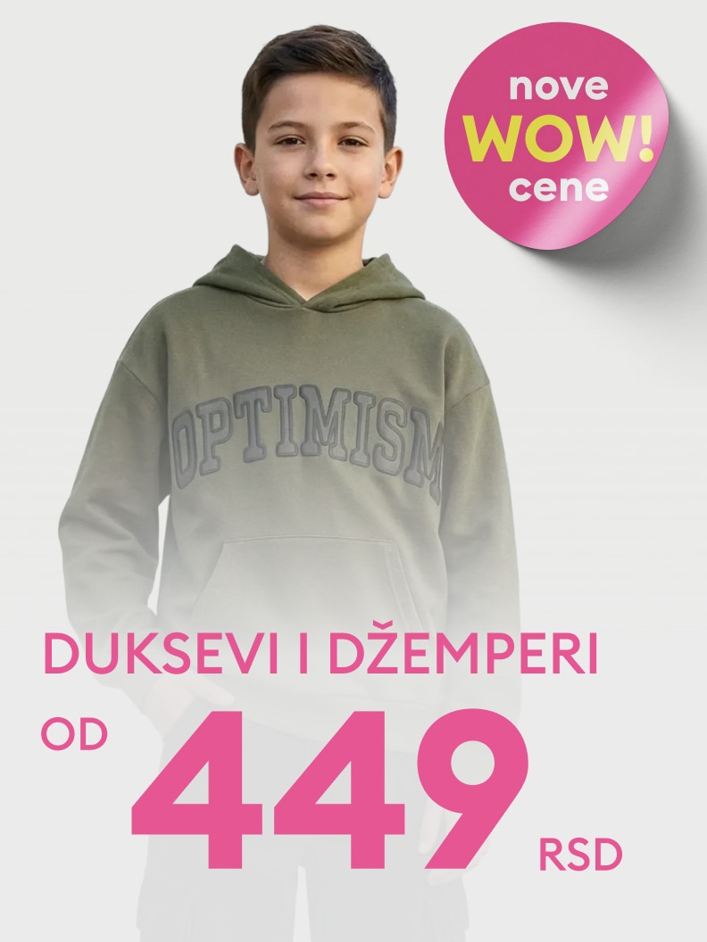 Promotivna ponuda dečjih dukseva i džempera po sniženoj ceni, namenjena roditeljima koji traže povoljnu garderobu za decu.