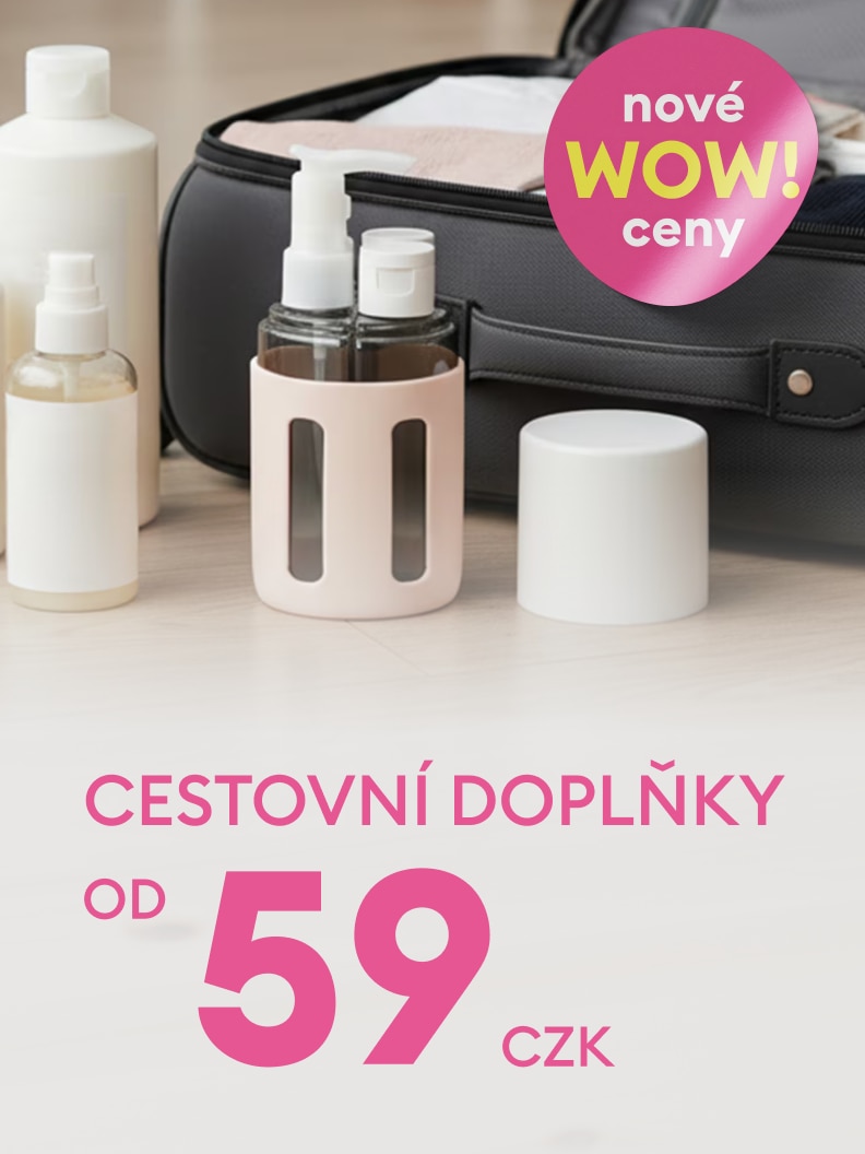 Propagační sdělení představující cestovní doplňky a upozorňující na novou akční nabídku s velmi nízkou vstupní cenou od 59 Kč.
