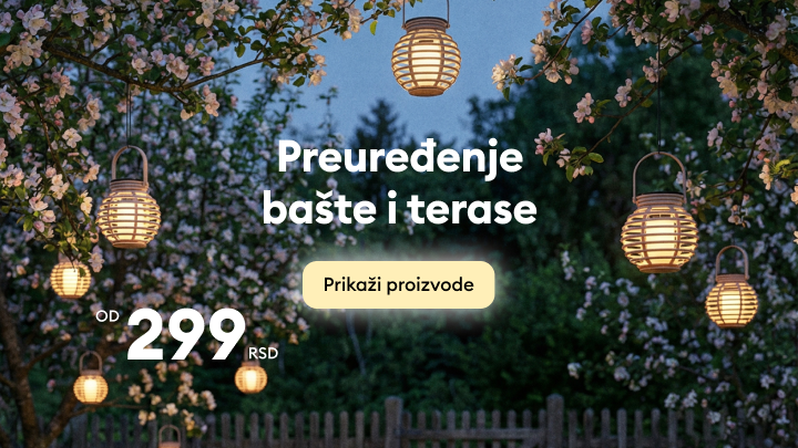 Promotivni vizual koji oglašava proizvode za uređenje bašte i terase, sa naglaskom na dostupnu ponudu po pristupačnoj početnoj ceni.