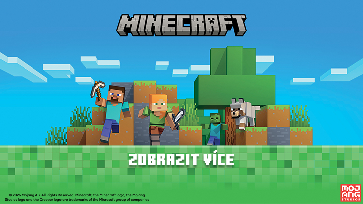 Propagační banner hry Minecraft představující svět a postavy hry a vyzývající k prohlédnutí dalšího obsahu.