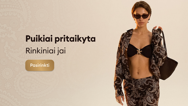 Reklaminis baneris, kviečiantis atrasti moterims pritaikytus, tarpusavyje suderintus drabužių rinkinius ir pasirinkti tinkamą derinį.