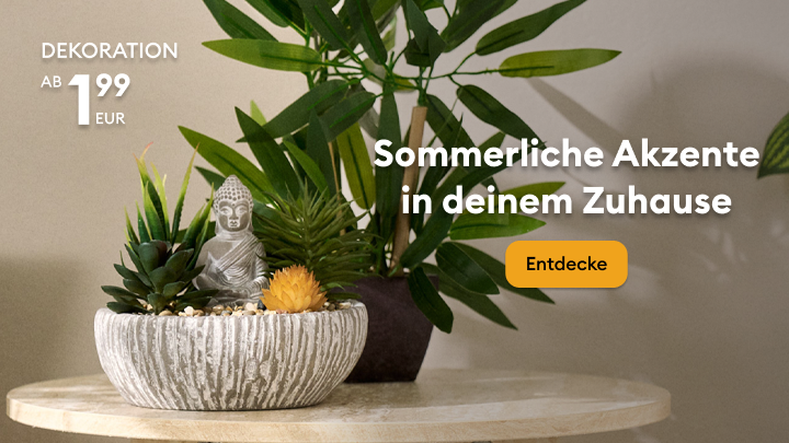 Werbebild zur Entdeckung preisgünstiger Dekorationsartikel, die sommerliche Akzente im Zuhause setzen und zur Gestaltung von Wohnräumen inspirieren.