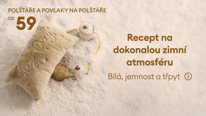 Polštáře a povlaky na polštáře od 59 Kč. Inspirace pro zimní atmosféru: jemnost, krása a třpyt. Ideální doplněk pro útulný domov. Dokonalý zimní recept pro každou domácnost. Prodej dostupný online. banner