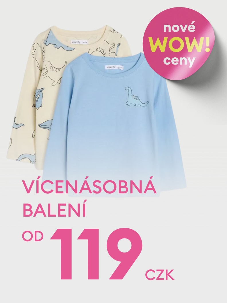 Propagační sdělení o výhodné nabídce dětských triček s dlouhým rukávem v multipacku, s novými akčními cenami začínajícími od 119 Kč.