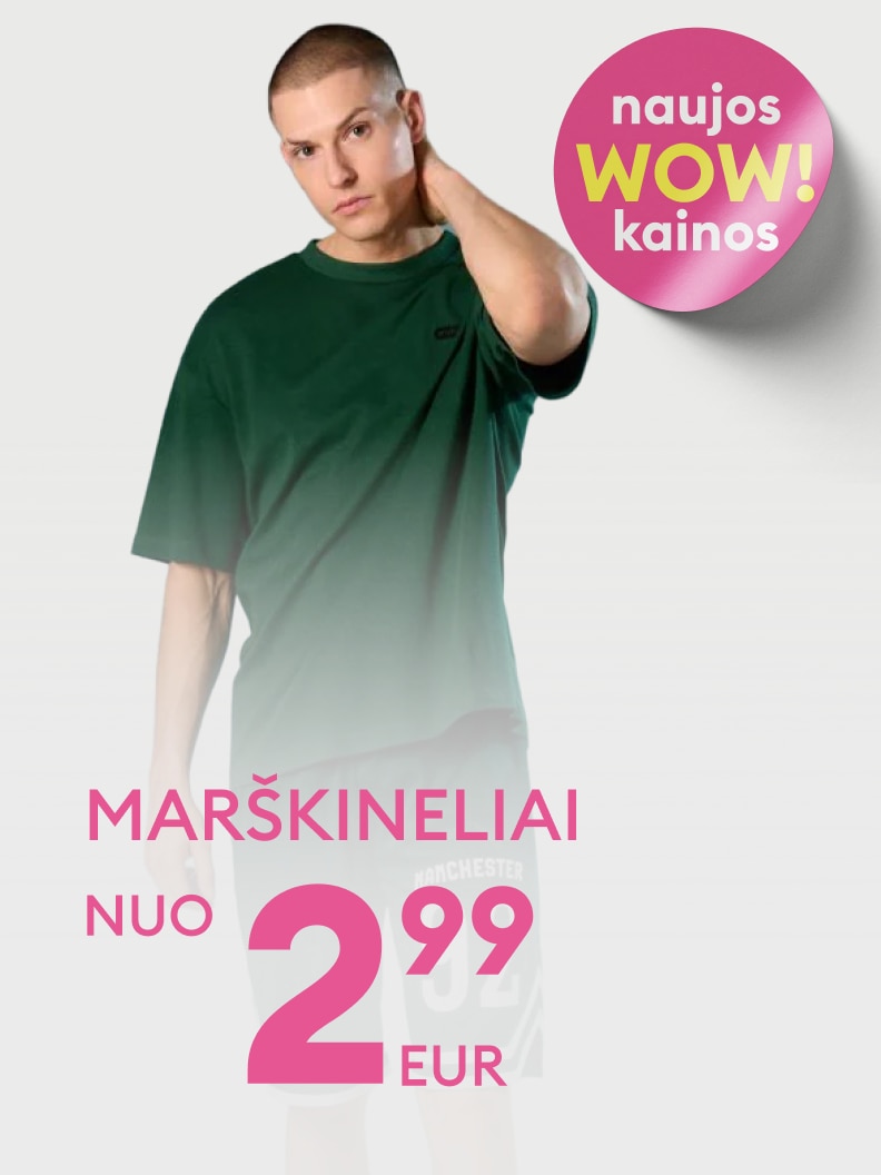 Reklaminis pasiūlymas, informuojantis apie vyriškų marškinėlių išpardavimą su naujomis, itin patraukliomis kainomis ir skatinantis įsigyti už mažą kainą.