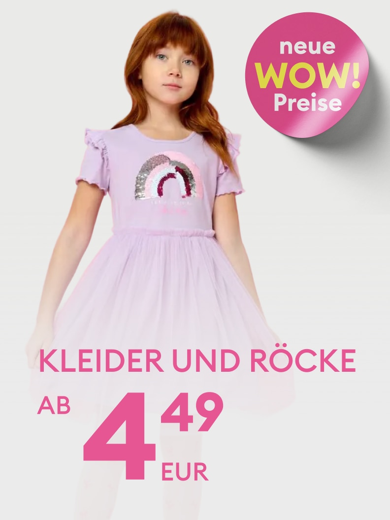 Werbung für Kinderkleider und Röcke mit neuen Sonderpreisen ab 4,49 EUR.
