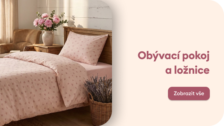 Inspirace a nabídka bytového vybavení pro obývací pokoj a ložnici, zaměřená na povlečení a doplňky pro vytvoření útulného domova.