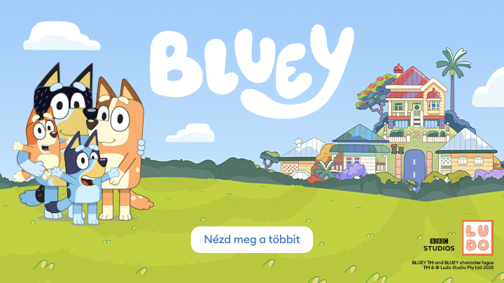Bluey egy kedves ausztrál animációs sorozatot ábrázoló kép. A szereplők, Bluey és családja, a zöld kertben állnak, háttérben pedig házuk látható. A sorozat vidám és kreatív történeteiről ismert, és családi kalandokat mutat be gyerekeknek és szülőknek. banner