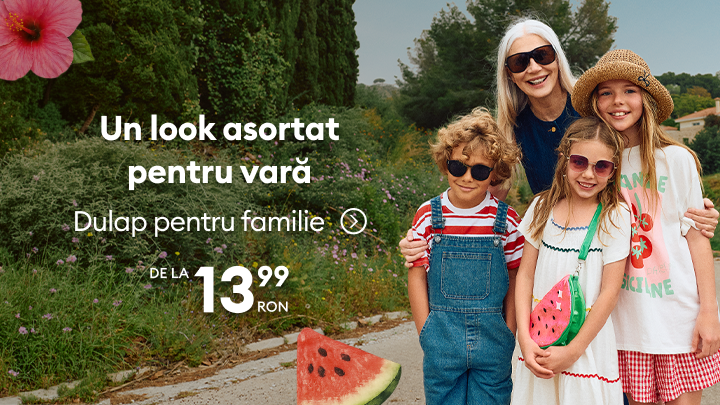 Promovare colecție de vară cu ținute asortate pentru întreaga familie, sugerând idei de stil coordonat și prețuri accesibile începând de la 13,99 RON.