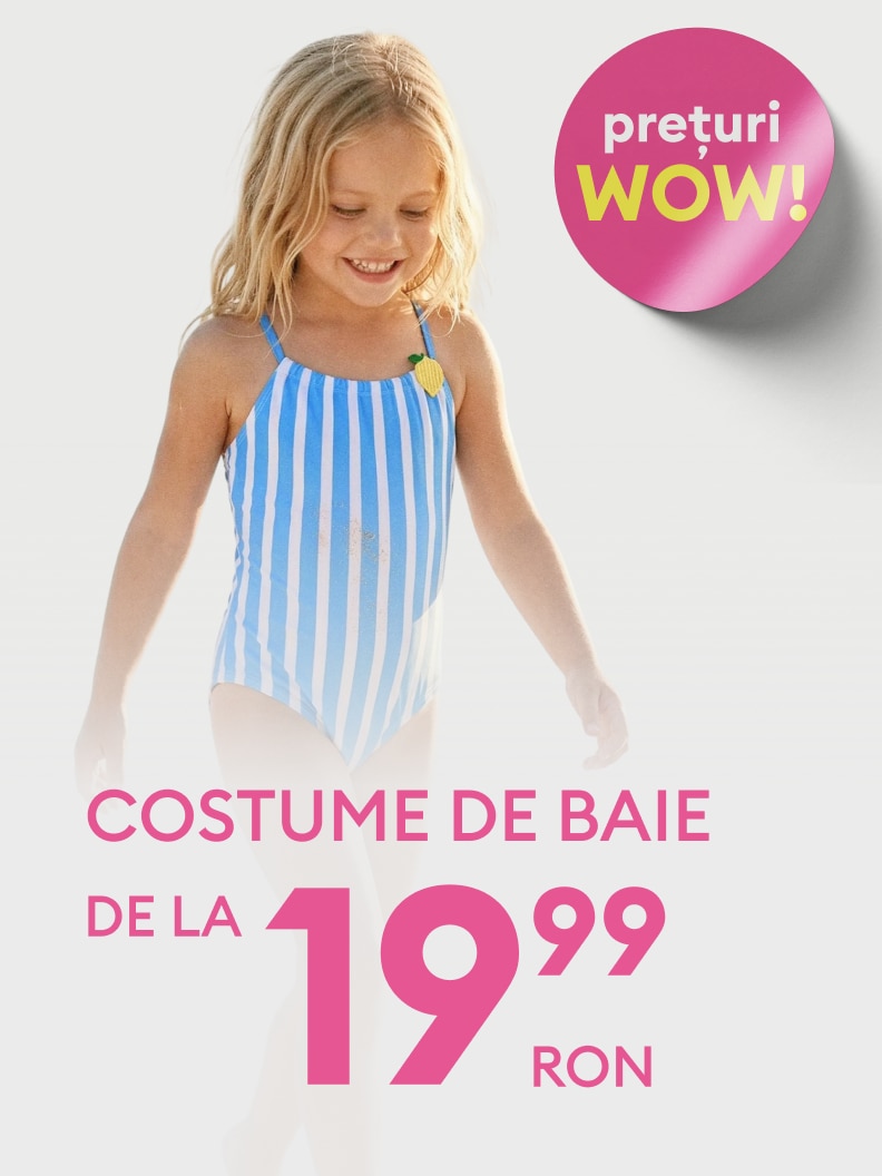 Promovare pentru costume de baie pentru copii, evidențiind o ofertă specială cu prețuri avantajoase, începând de la 19,99 RON.