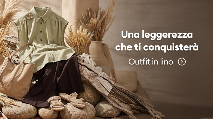 Promozione di un outfit in lino leggero e traspirante per un look estivo naturale, con abbigliamento e accessori coordinati pensati per comfort e stile quotidiano.