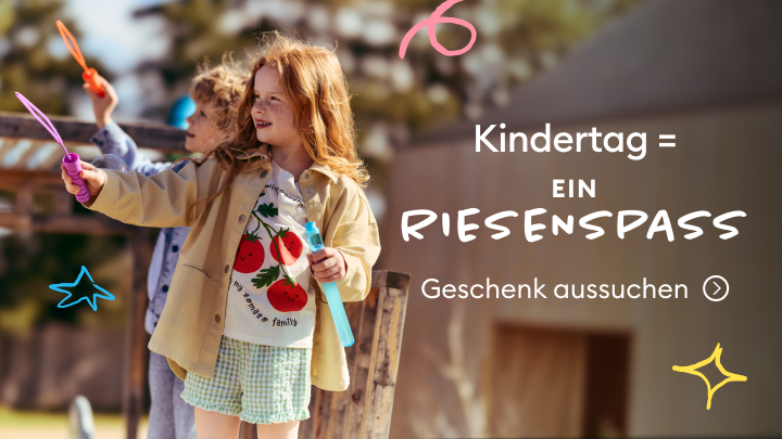 Werbebanner zum Kindertag, der Freude und Spiel vermittelt und dazu einlädt, ein passendes Geschenk für Kinder auszuwählen.