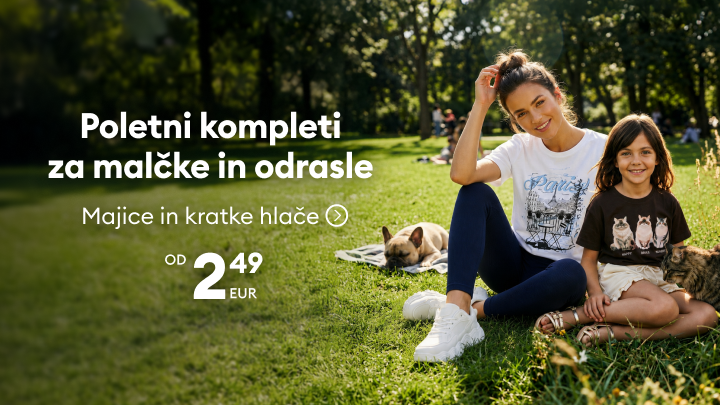 Promocija poletnih kompletov za otroke in odrasle, s poudarkom na majicah in kratkih hlačah ter ugodni začetni ceni.