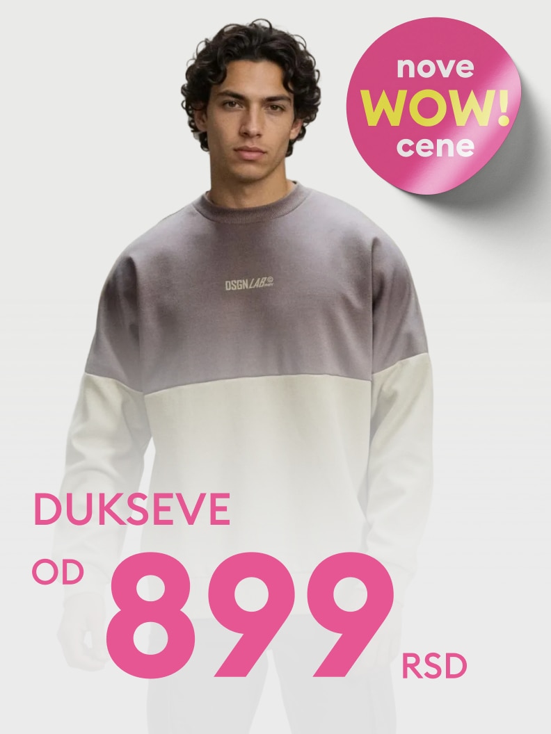 Promotivna ponuda dukseva sa sniženim, povoljnim cenama, naglašava novu akciju za kupovinu garderobe.