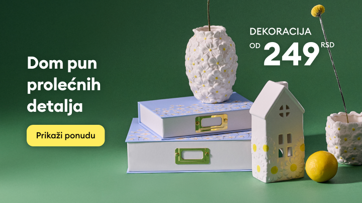 Promocija prolećnih dekoracija za dom sa posebnom ponudom, povoljna cena 249 RSD, namenjeno podsticanju pregleda aktuelne ponude.