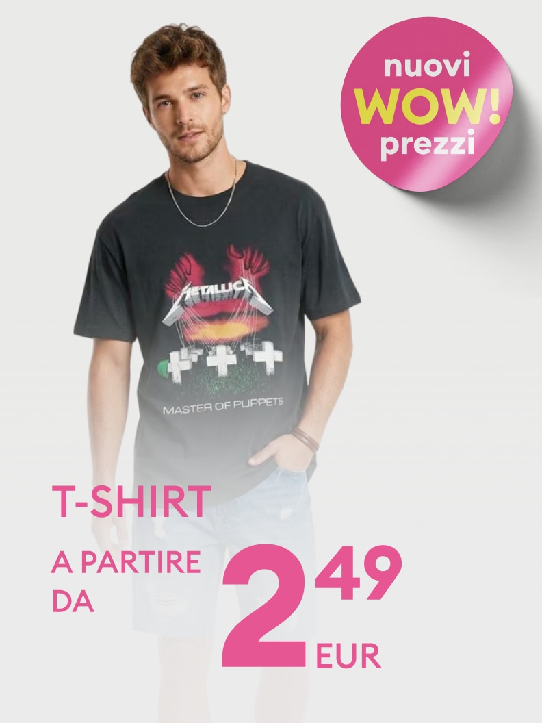 Promozione di T‑shirt casual da uomo, comunicata come offerta a prezzo molto conveniente per incentivare l’acquisto.