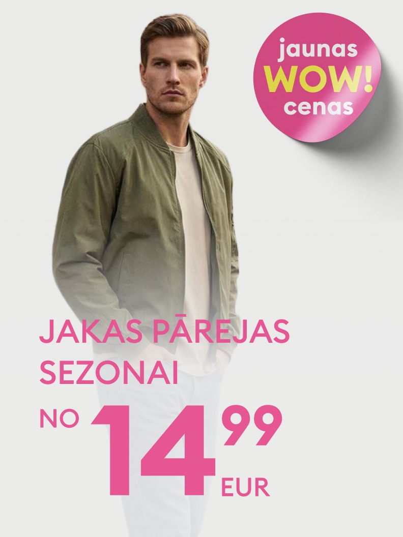 Vīriešu pārejas sezonas jakas piedāvājums ar jaunām izdevīgām cenām, sākot no 14,99 EUR.