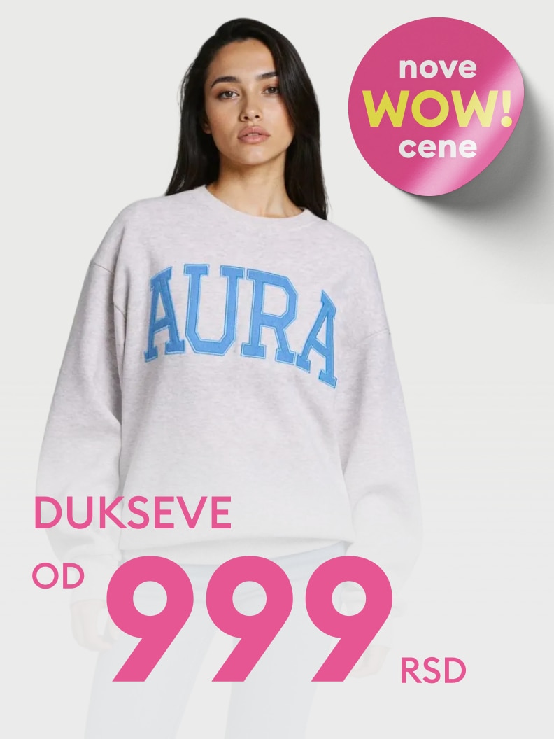 Promotivna ponuda ženskih dukseva iz nove kolekcije, namenjena isticanju povoljne kupovine po sniženoj ceni.