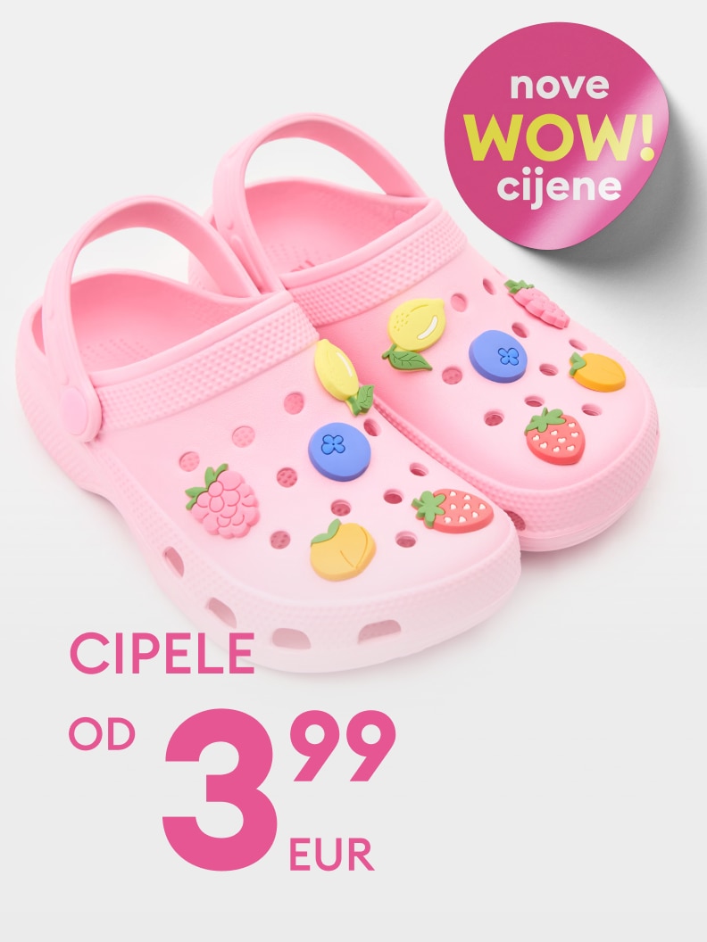 Promotivna ponuda dječjih klompi s ukrasima po sniženoj cijeni od 3,99 EUR.