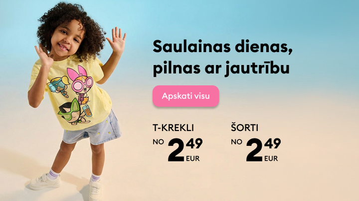 Reklāma bērnu vasaras apģērbam, uzsverot jautru noskaņu un izdevīgas cenas T‑krekliem un šortiem, ar aicinājumu iepazīties ar piedāvājumu.