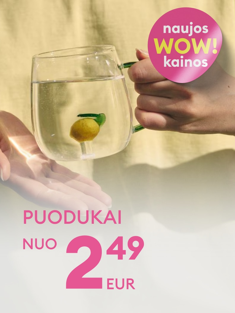 Reklama apie puodelių pasiūlymą su naujomis „WOW“ kainomis, informuojanti apie galimybę įsigyti puodelius nuo 2,49 EUR.
