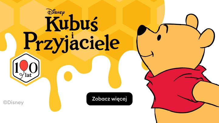 Grafika promująca kolekcję Disney Kubuś i Przyjaciele z okazji 100-lecia marki Disney oraz zachęcająca do zapoznania się z ofertą.