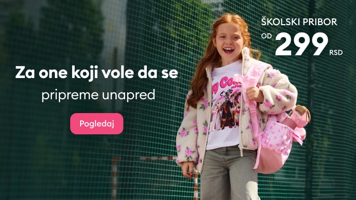 Devojčica sa školskim priborom i rancem promoviše ponudu za pripremu za školu po povoljnoj ceni.