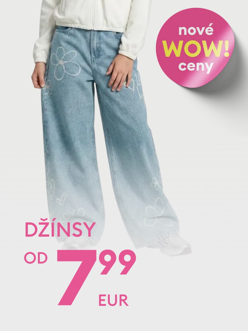 Reklamná ponuka džínsov so zvýhodnenou cenou, ktorej cieľom je upútať pozornosť a motivovať k nákupu v rámci aktuálnej akcie.