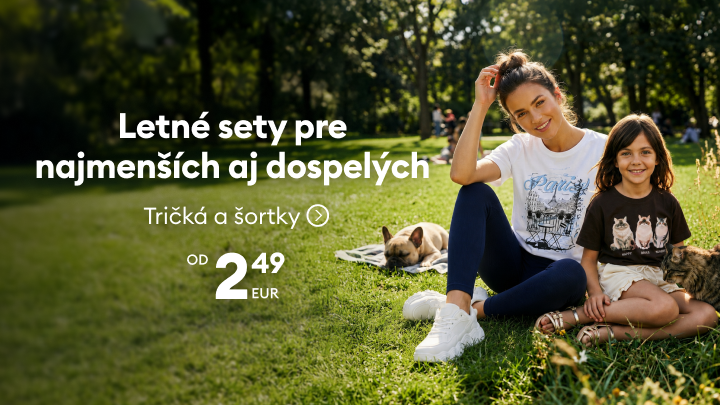 Propagačný banner na letné sety tričiek a šortiek pre deti aj dospelých, určený na rýchly nákup sezónneho oblečenia za výhodné ceny.