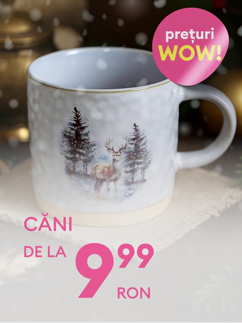 Ceașcă decorată cu motiv de iarnă, disponibilă la prețuri începând de la 9,99 RON. Perfectă pentru ceai, cafea sau ciocolată caldă. Descoperă oferta și adaugă un accesoriu festiv mesei tale. Promoție valabilă în limita stocului disponibil.