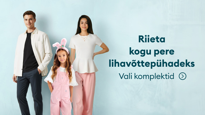 Reklaam perele mõeldud sobivate rõivakomplektide kohta, mis on mõeldud pidulikeks sündmusteks ja pühadeks, näidates vanemaid ja last ühtses stiilis.