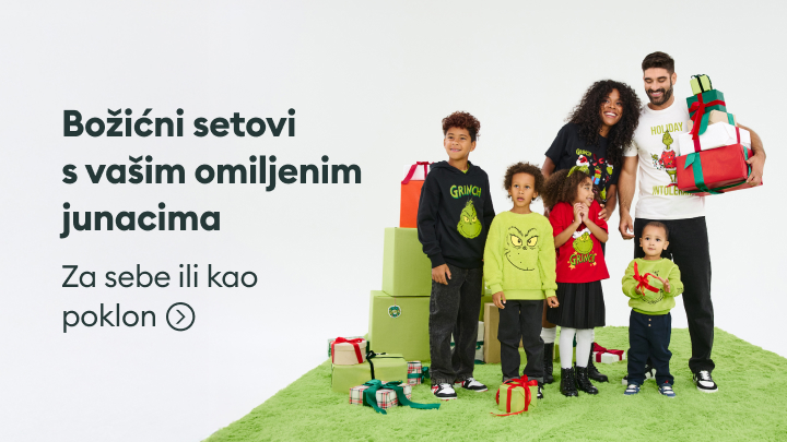 Božićni setovi s vašim omiljenim junacima prikazani su u porodici u prazničnoj atmosferi okruženoj poklonima. Kampanja ističe proizvode sa popularnim likovima, idealne za poklon ili ličnu upotrebu, uz poruku radosti i zajedništva. banner