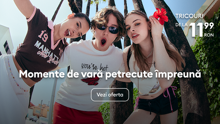 Promovare tricouri pentru vară, evidențiind momente petrecute împreună și o ofertă cu prețuri începând de la 11,99 RON.