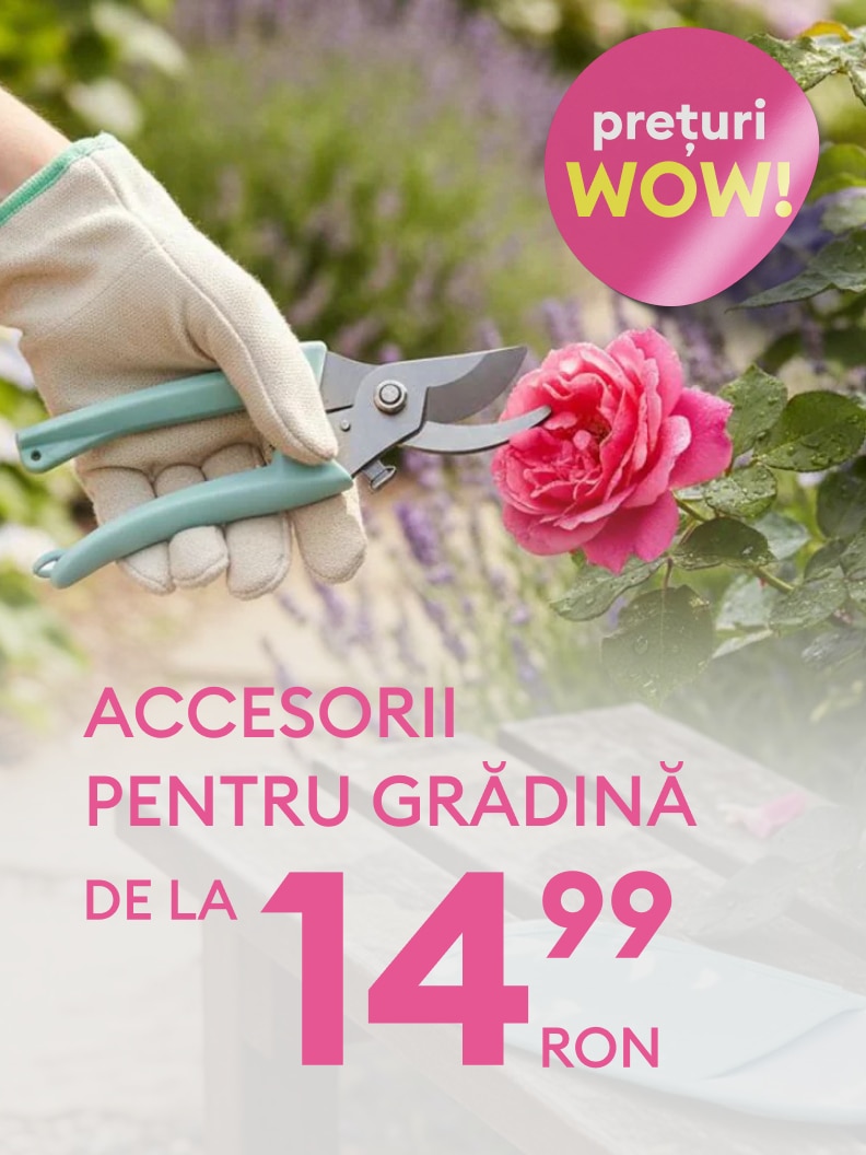 Promovare pentru accesorii de grădină, evidențiind utilizarea unui instrument de tăiere și anunțând o ofertă cu preț de pornire avantajos.