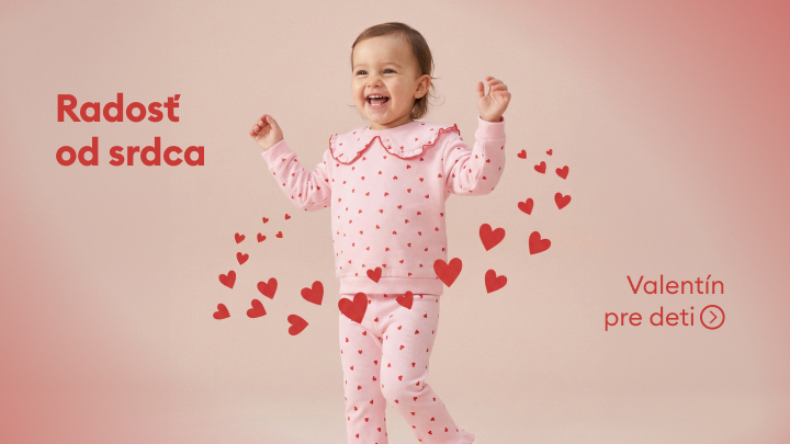 Dievčatko oblečené v ružovom odeve s motívom srdiečok zachytené v pohybe. Okolo neho sú rozosiate červené srdiečka, ktoré zdôrazňujú tematiku Valentína pre deti. Na obrázku je slogan „Radosť od srdca“ a nápis „Valentín pre deti“. Radosť a láska v detskom podaní.
